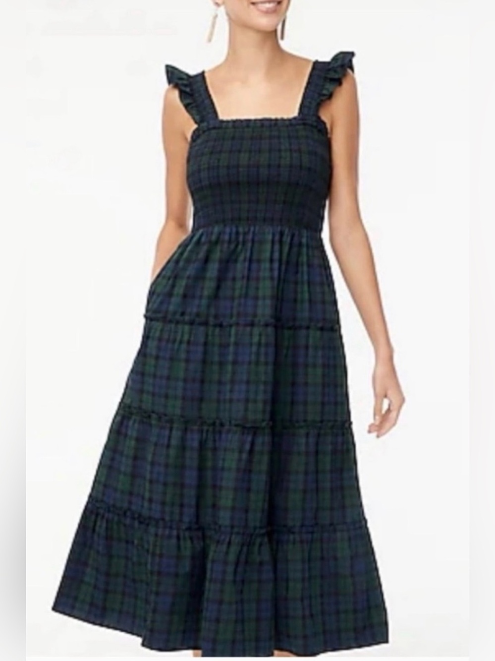 J. Crew Green and Navy Plaid Smocked Midi Dress ruffle shoulder M
